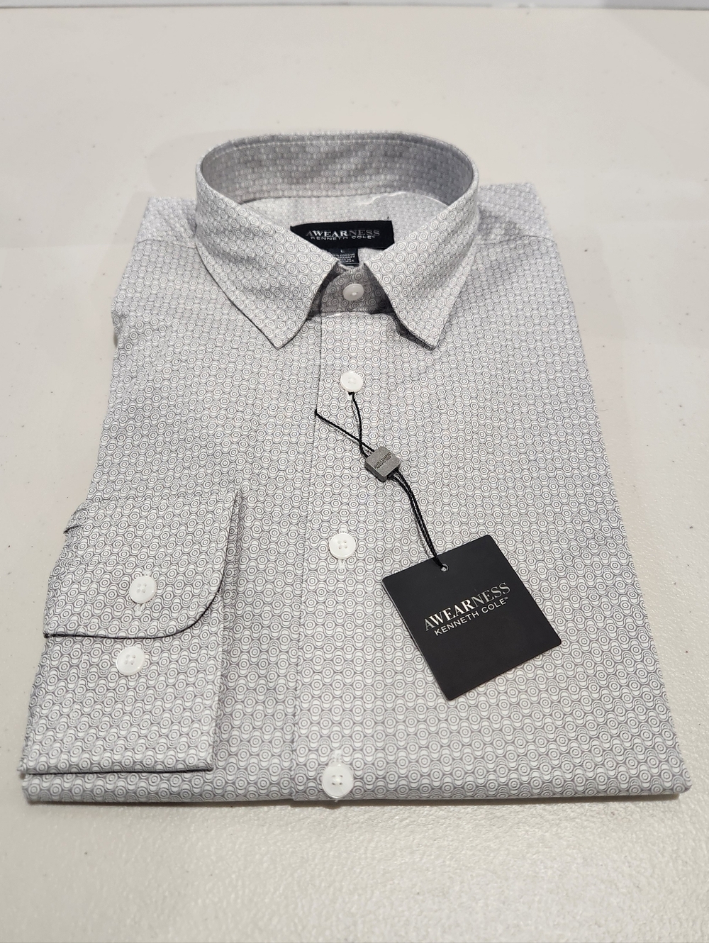 Kenneth Cole AWearNess Dress Button Up Longsleeve Shirt Pattern Grey White Large